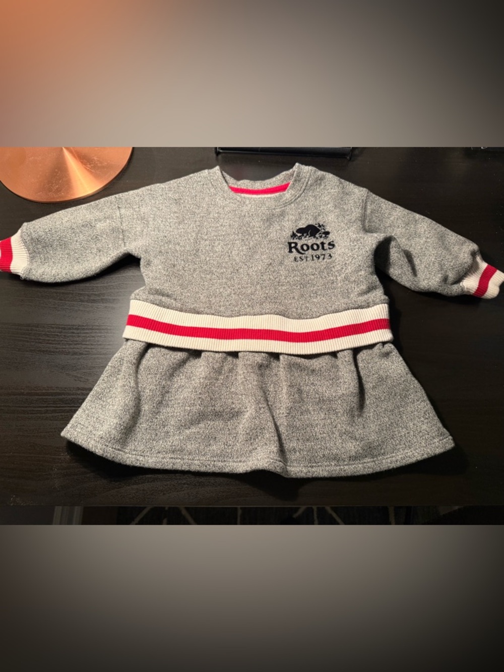 Roots Girls Gray Sweatshirt Dress with Red and Cream Stripe size 8-12months